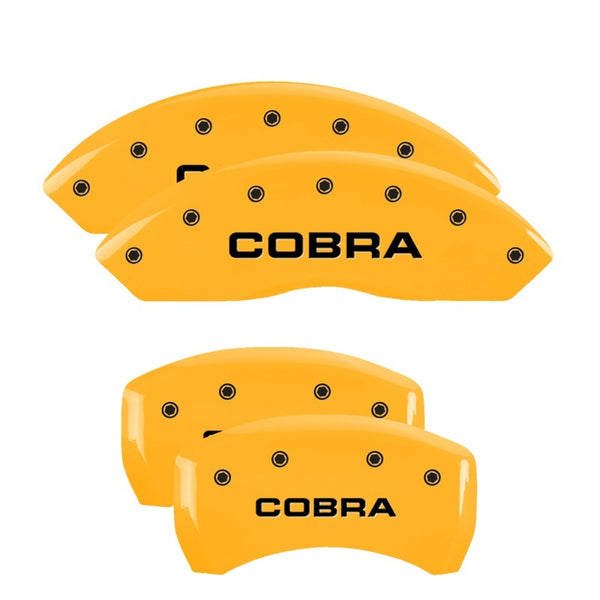 MGP 4 Caliper Covers Engraved Front &amp; Rear Cobra Yellow Finish Black Char 2006 Ford Mustang - 10197SCOBYL