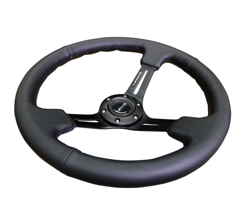 NRG Reinforced Steering Wheel (350mm / 3in. Deep) Blk Leather/Red Stitch w/Neochrome Slits - RST-018R-MCRS - close-up view