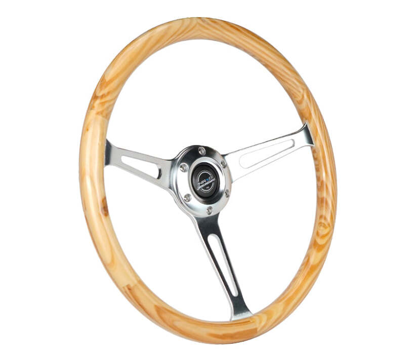 NRG Reinforced Steering Wheel (380mm) Light Wood Grain w/3-Spoke Center Shinny Chrome - RST-380RG - close-up view 2
