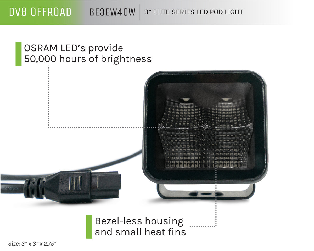 DV8 Offroad - Be3ew40w Universal 3 Inch Cube LED Light With Flood Pattern And Post Mount - BE3EW40W
