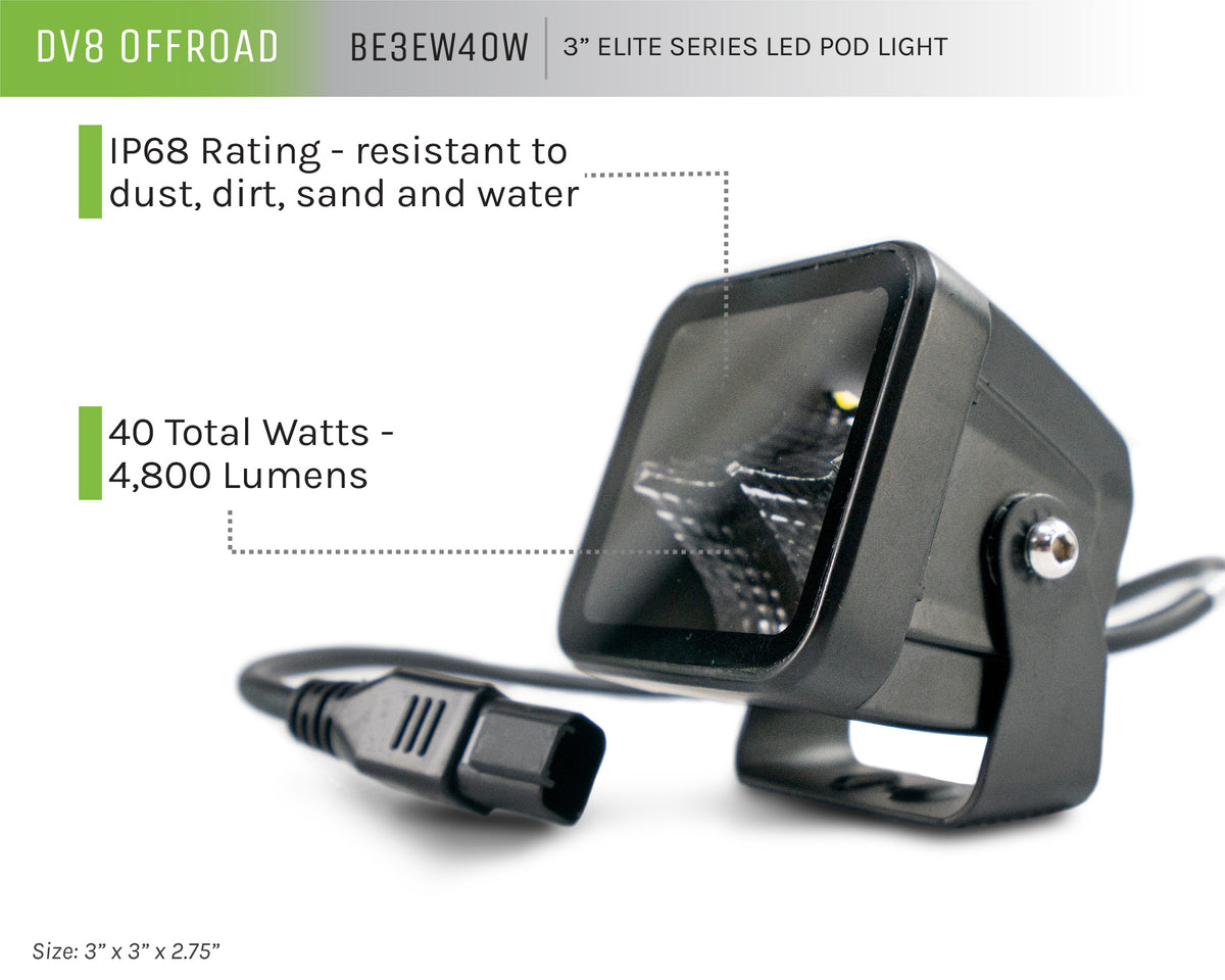 DV8 Offroad - Be3ew40w Universal 3 Inch Cube LED Light With Flood Pattern And Post Mount - BE3EW40W