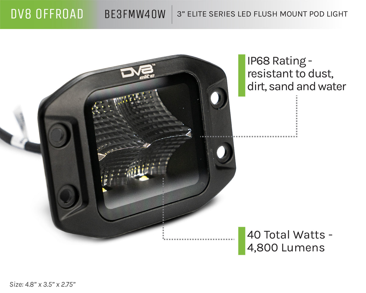 DV8 Offroad - Universal 3 In. Cube LED Light With Flood Pattern And Flush Mount Plate Built In - BE3FMW40W