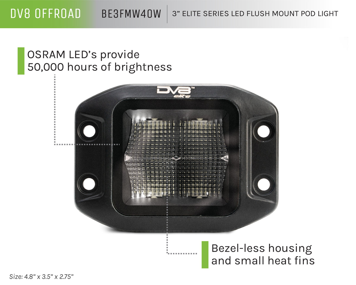 DV8 Offroad - Universal 3 In. Cube LED Light With Flood Pattern And Flush Mount Plate Built In - BE3FMW40W