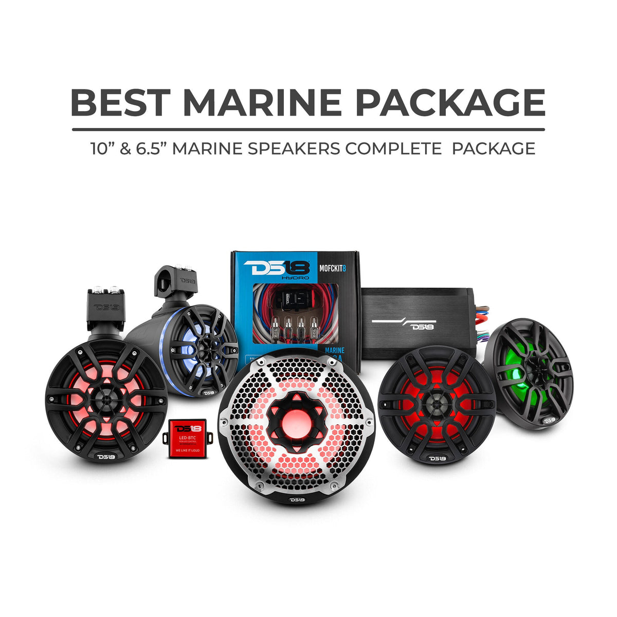 DS18 Best Marine Stereo Subwoofer Speaker Package Black w/ LED Controller - BESTMARINEPACKAGE - front view