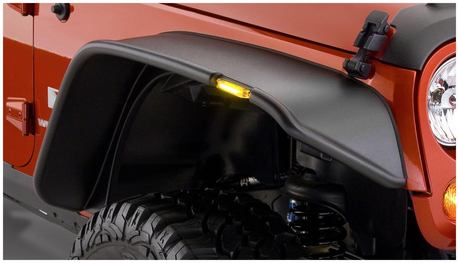 Bushwacker 07-18 Jeep Wrangler Flat Style Flares 2pc - Black - 10053-07 for 2007-2018 Jeep Wrangler - front view