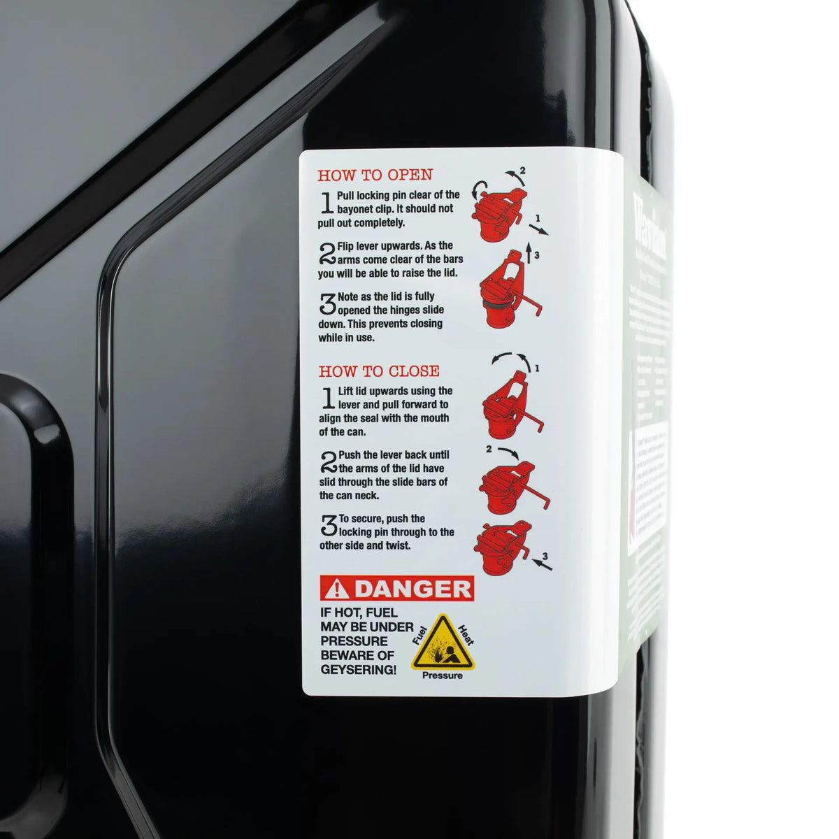 Wavian Black 10 litre steel jerry can 3024 — label detail