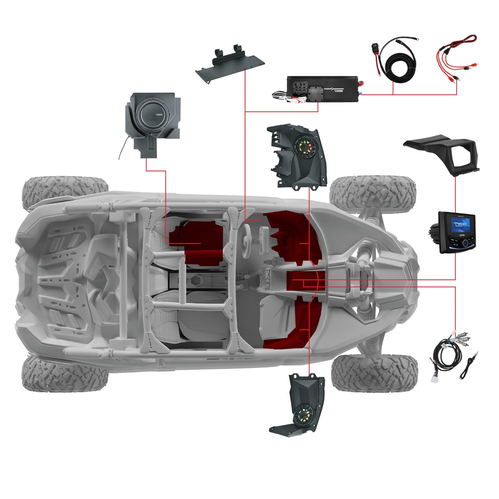 DS18 Can-Am Maverick X3 Stage 3 Dash Panel Speaker Enclosures and Under Seat Sub Encl - 3800W Max - CAN-AM X3 Package Stage 3 - angle view