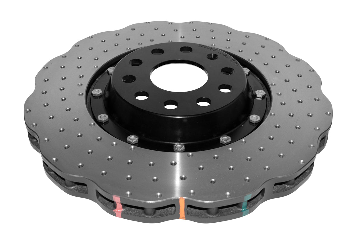 DBA 09-11 Volkswagen CC VR6 3.6L Front 5000 Series 2-Piece Cross Drilled Wavey Rotor w/Black Hat - DBA52808WV2BLKXD