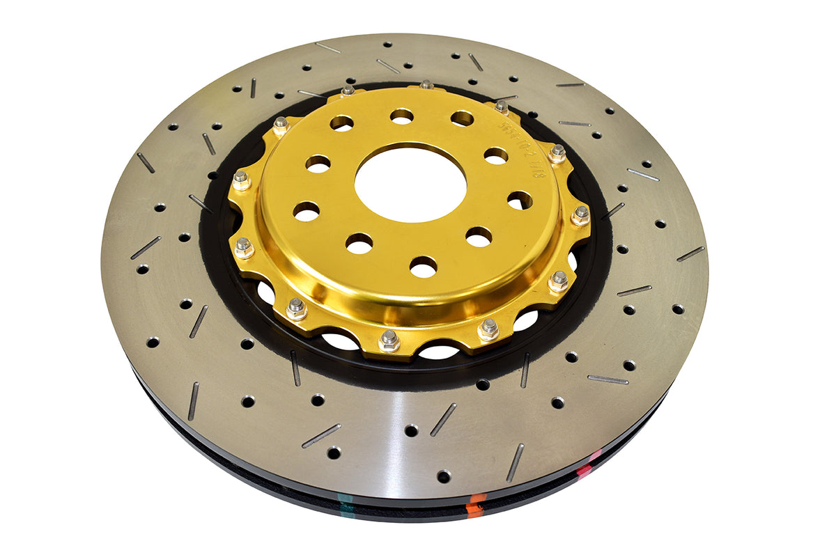 DBA 04-07 STi/2017 BRZ w/Perf. Pkg. 10 Hole Front Drilled/Slotted 5000 Series 2 Pc Rotor w/Gold Hat - DBA5654GLDXS-10
