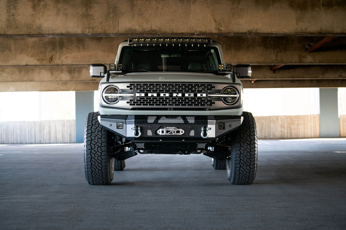 DV8 Offroad 21-25 Ford Bronco Front Bumper Winch Capable w/ Optional Bull Bar/Aux Light Opening - FBBR-01