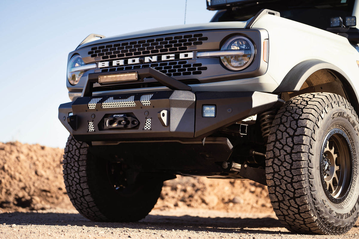 DV8 Offroad 21-25 Ford Bronco Front Bumper Winch Capable w/ Optional Bull Bar/Aux Light Opening - FBBR-01