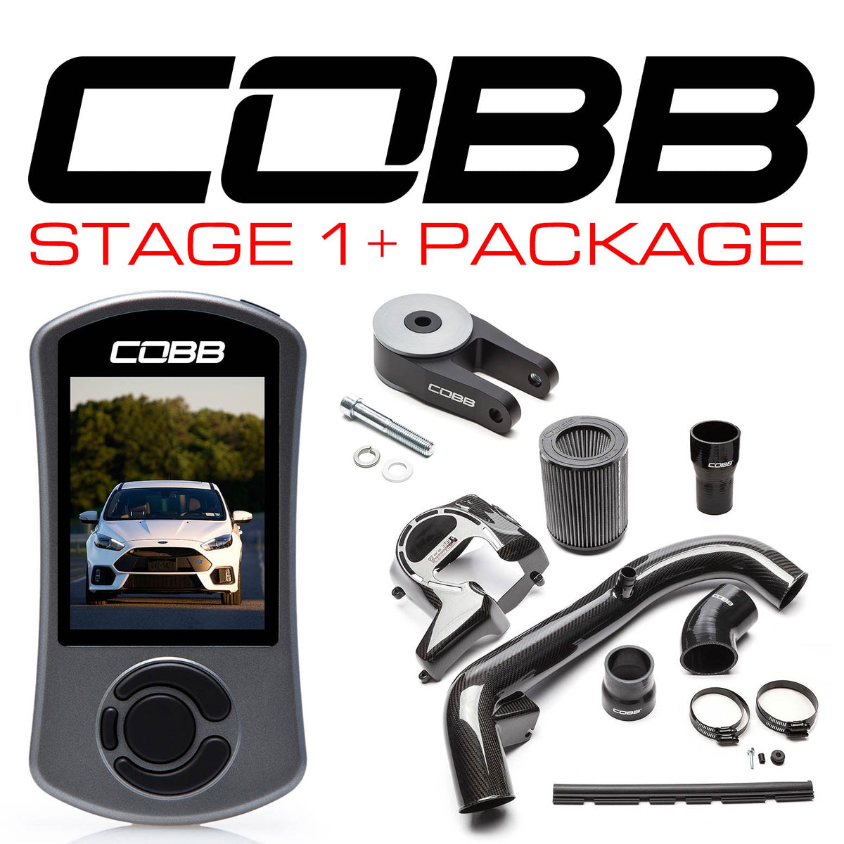 Cobb 16-18 Ford Focus RS Stage 1+ Carbon Fiber Power Package - FOR004001P