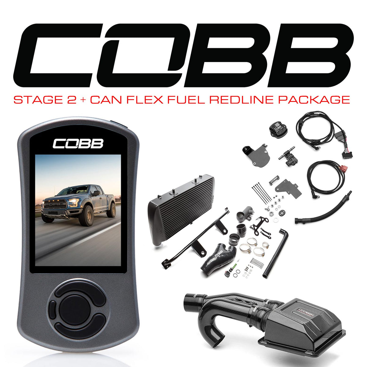Cobb 17-20 Ford F-150 Ecoboost Raptor Stage 2+ CAN Flex Fuel Redline CF Power Package - Black - FOR0050020BK-RED-FF