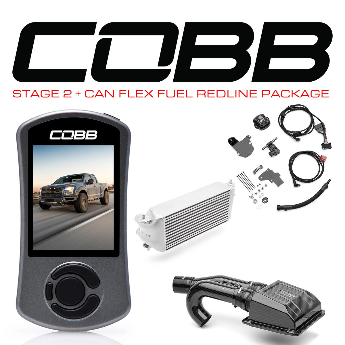 Cobb 17-20 Ford F-150 Ecoboost Raptor Stg2+ w/TCM CAN Flex Fuel Redline CF Pwr Pkg (OE Loc I/C) - SL - FOR0050S20SL-TCM-RED-FF
