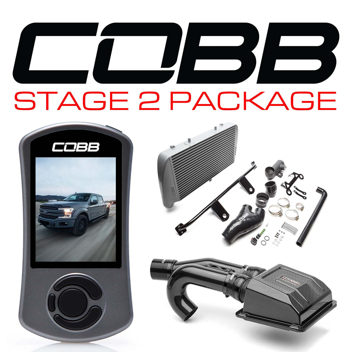 Cobb 17-19 Ford F-150 EcoBoost 3.5L Stage 2 Redline Carbon Fiber Power Package w/TCM - Silver - FOR0060020SL-TCM-RED