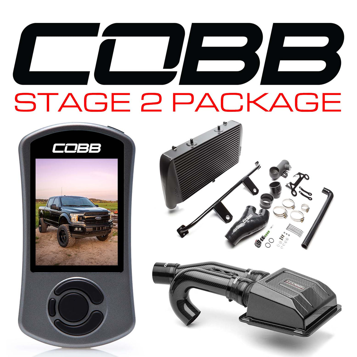 Cobb 2020 Ford F-150 EcoBoost 3.5L Stage 2 Redline Carbon Fiber Power Package - Black - FOR0070020BK-RED