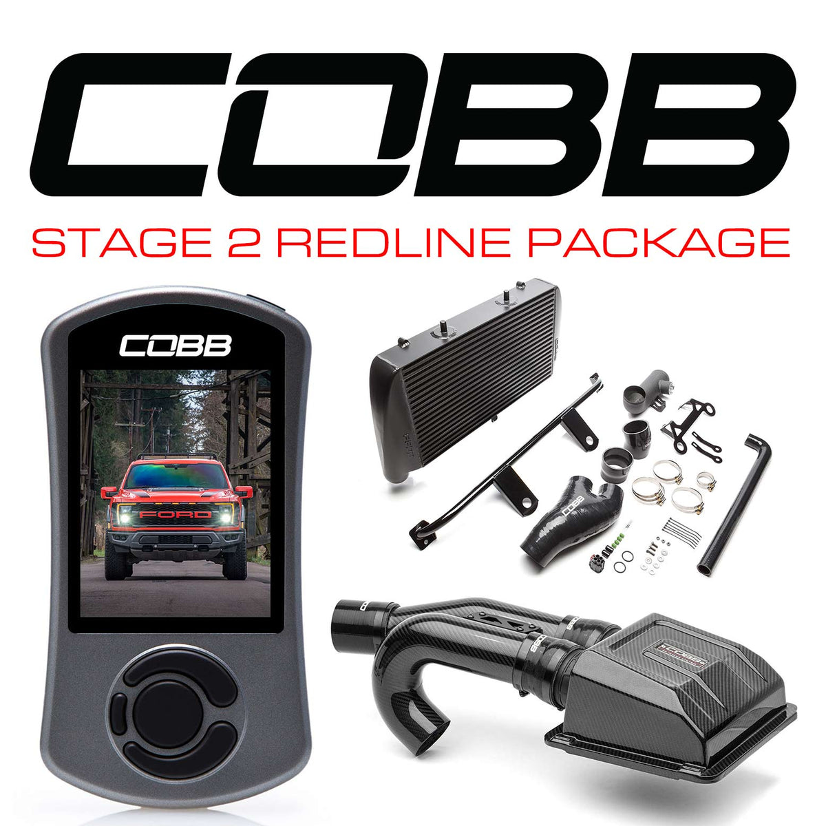 COBB - Stage 2 Redline Carbon Fiber Intake Power Package Black FMIC Ford F-150 Raptor 2021-2023 - FOR0100020BK-RED