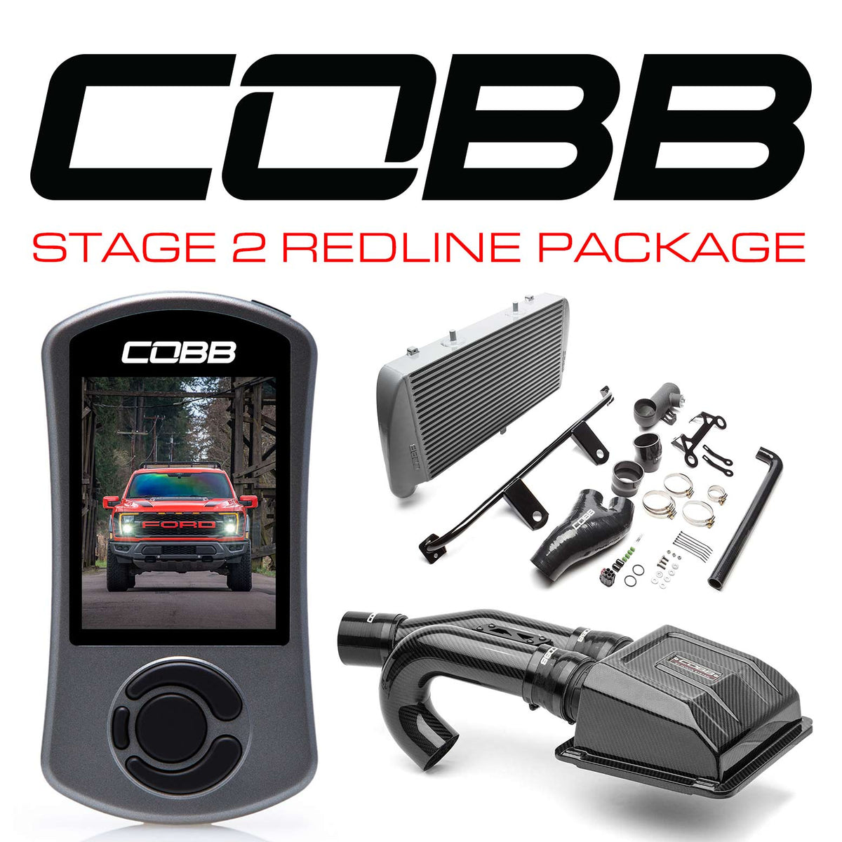 COBB - Stage 2 Redline Carbon Fiber Intake Power Package Silver FMIC Ford F-150 Raptor 2021-2023 - FOR0100020SL-RED