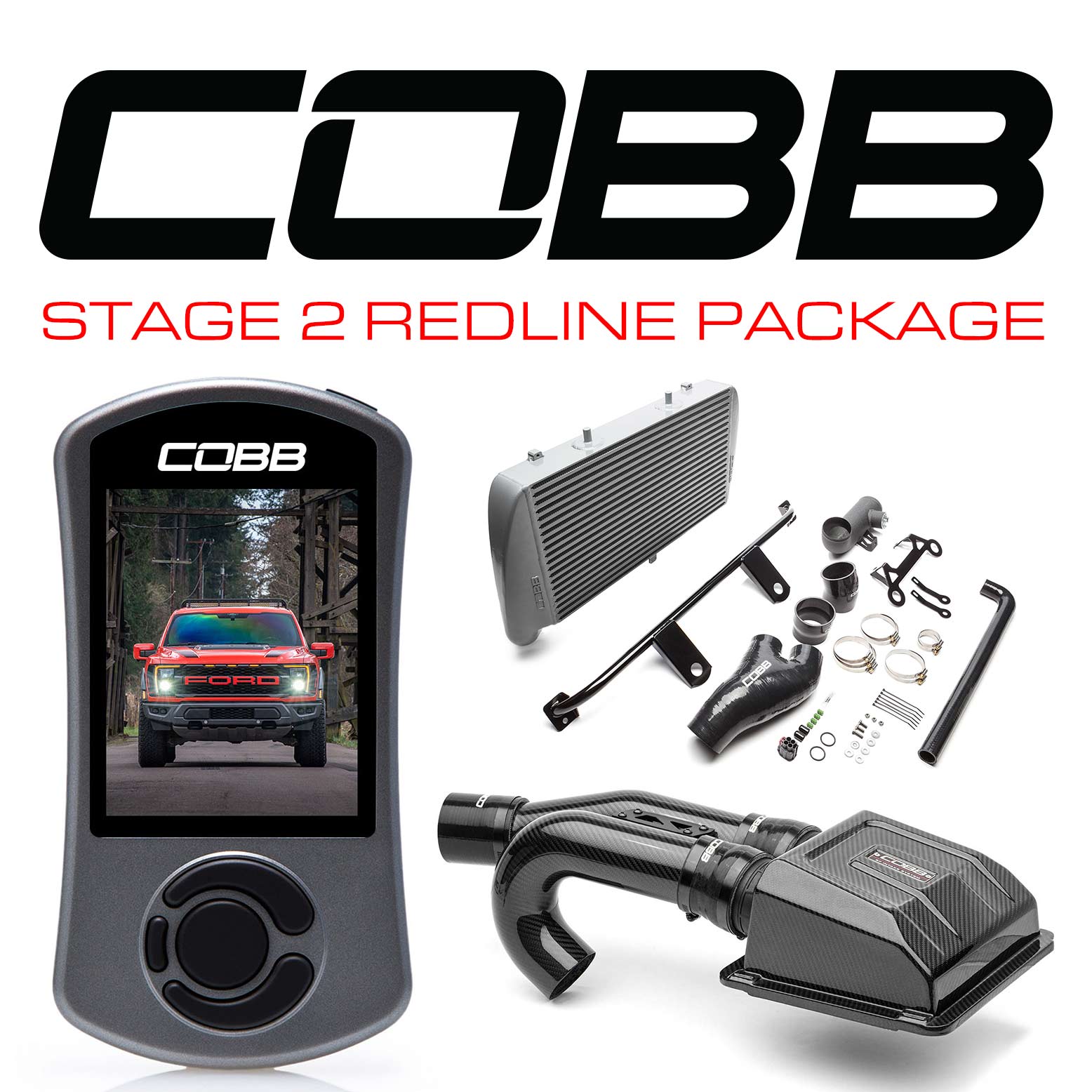 COBB - Stage 2 Redline Carbon Fiber Intake Power Package Silver FMIC Ford F-150 Raptor 2021-2023 - FOR0100020SL-RED