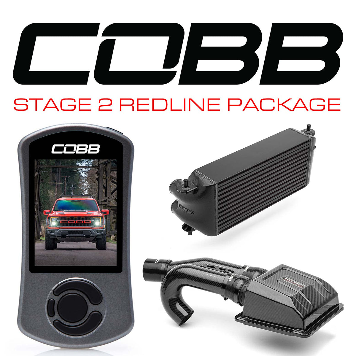COBB - Stage 2 Redline Carbon Fiber Intake Power Package Black (Factory Location Intercooler) Ford F-150 Raptor 2021-2023 - FOR0100S20BK-RED