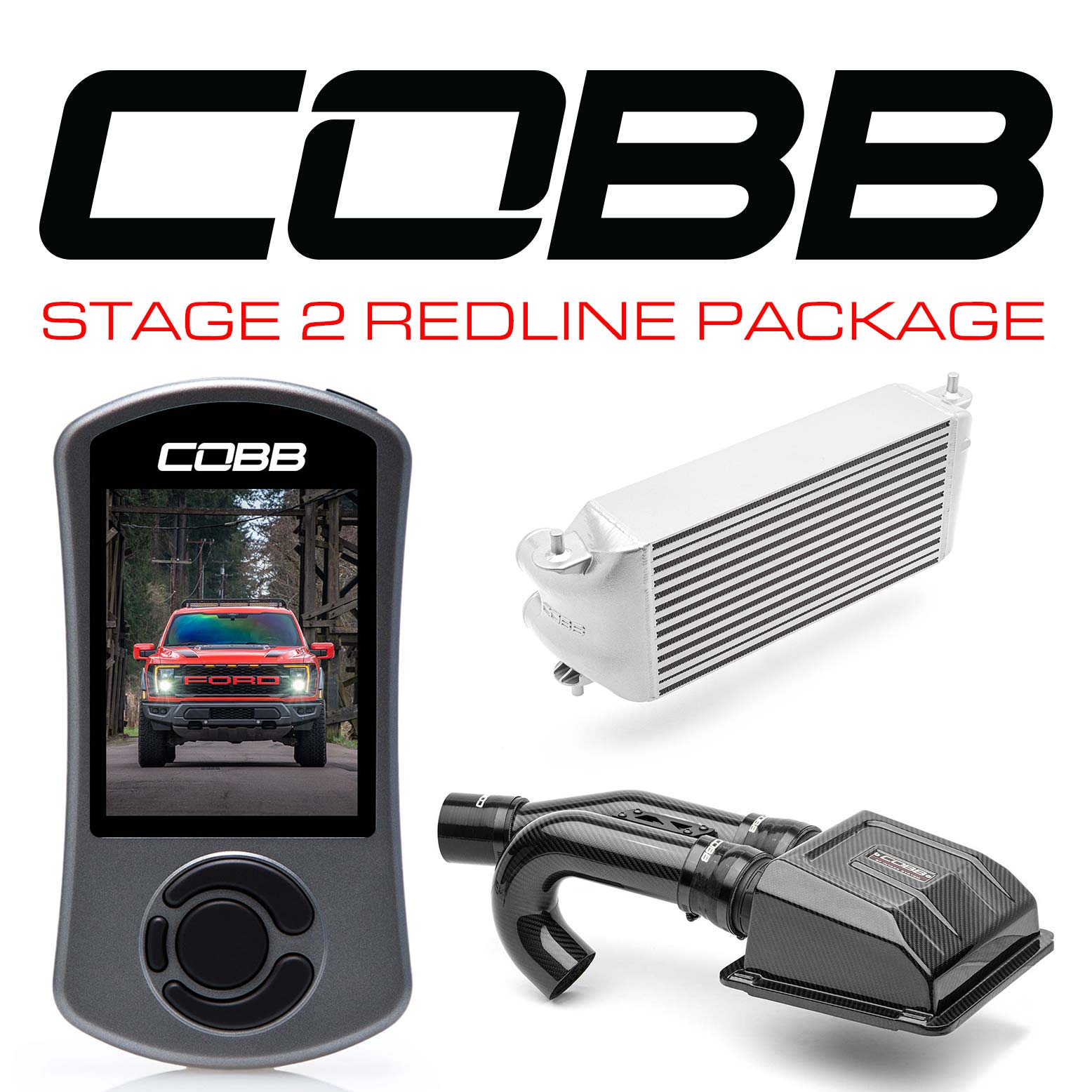 COBB - Stage 2 Redline Carbon Fiber Intake Power Package Silver (Factory Location Intercooler) Ford F-150 Raptor 2021-2023 - FOR0100S20SL-RED