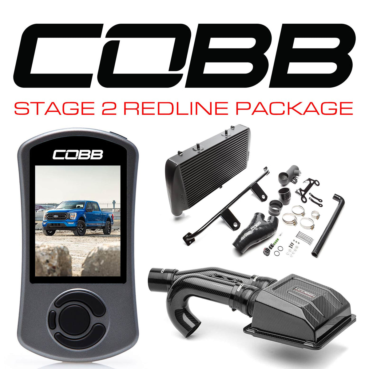 COBB - Stage 2 Redline Carbon Fiber Intake Power Package Black FMIC Ford F-150 Tremor 2021-2022 - FOR0110020BK-RED