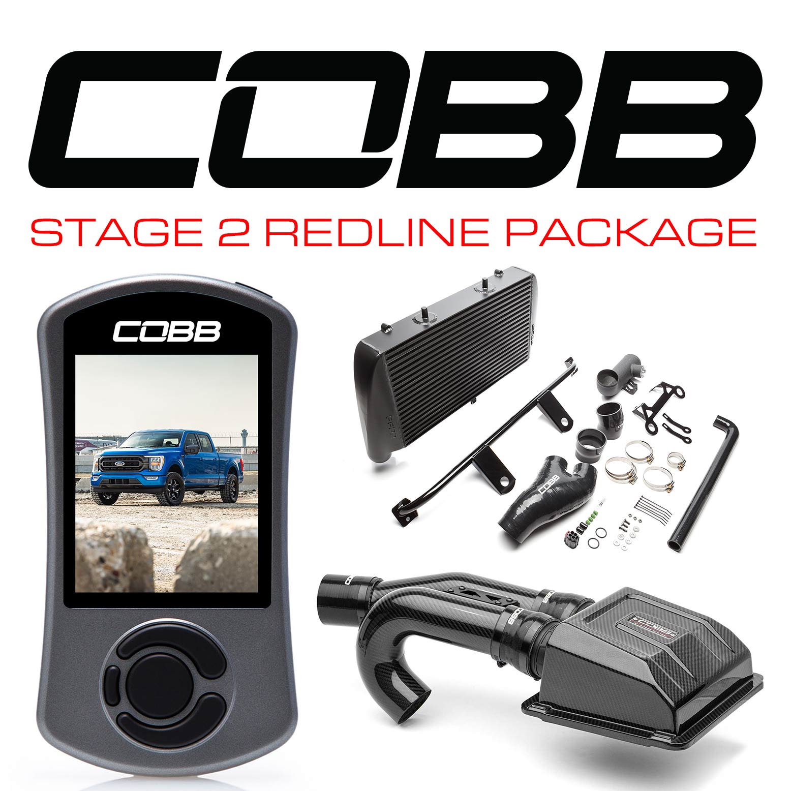 COBB - Stage 2 Redline Carbon Fiber Intake Power Package Black FMIC Ford F-150 Tremor 2021-2022 - FOR0110020BK-RED