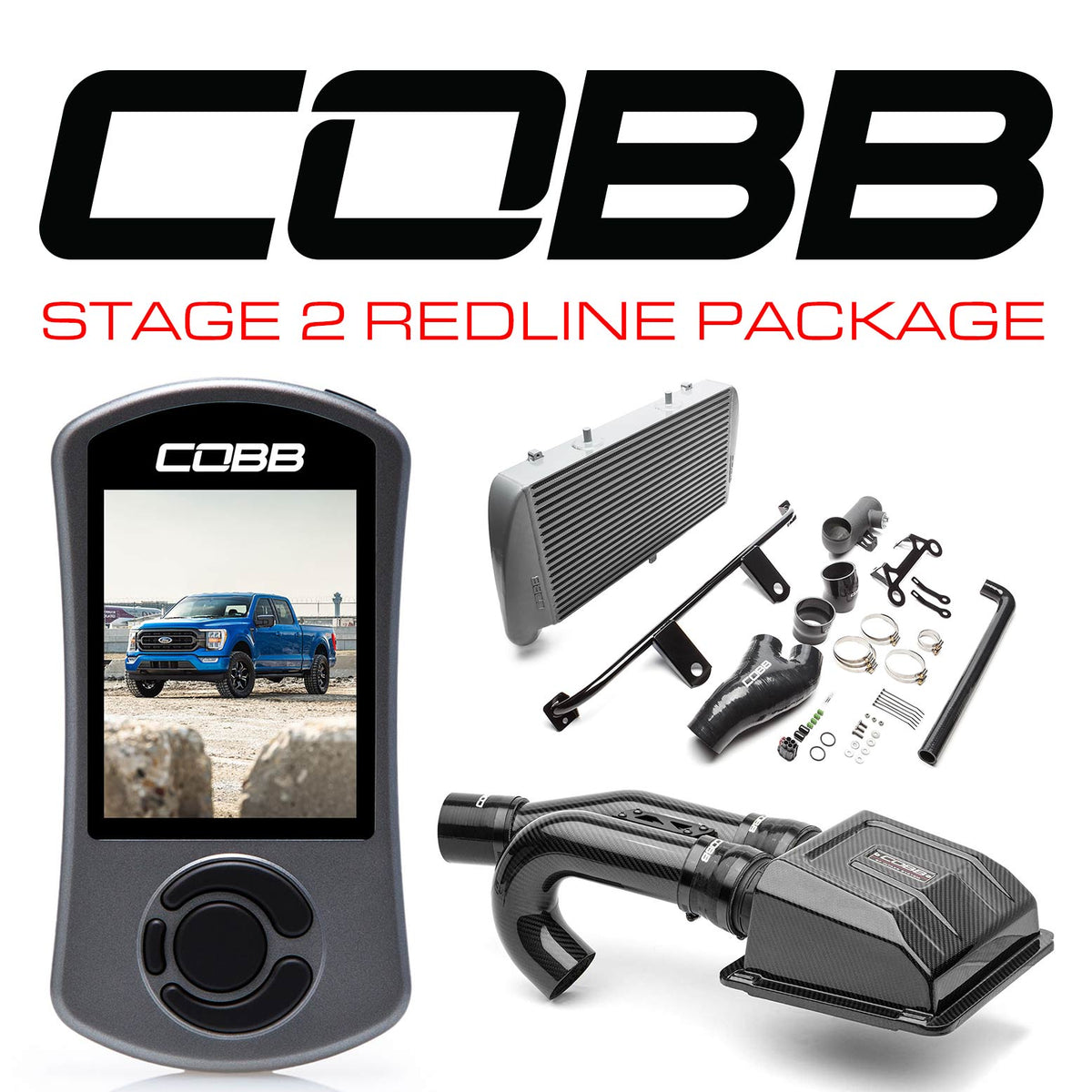 COBB - Stage 2 Redline Carbon Fiber Intake Power Package Silver FMIC Ford F-150 Tremor 2021-2022 - FOR0110020SL-RED