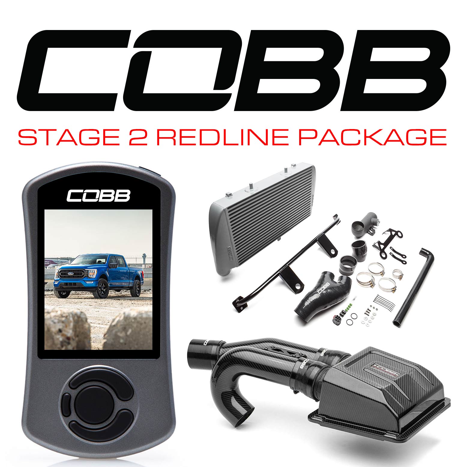COBB - Stage 2 Redline Carbon Fiber Intake Power Package Silver FMIC Ford F-150 Tremor 2021-2022 - FOR0110020SL-RED