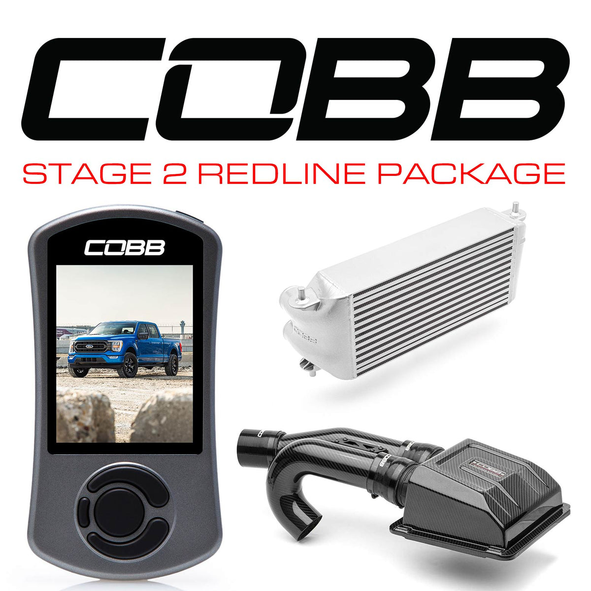 COBB - Stage 2 Redline Carbon Fiber Intake Power Package Silver (Factory Location Intercooler) Ford F-150 Tremor 2021-2022 - FOR0110S20SL-RED