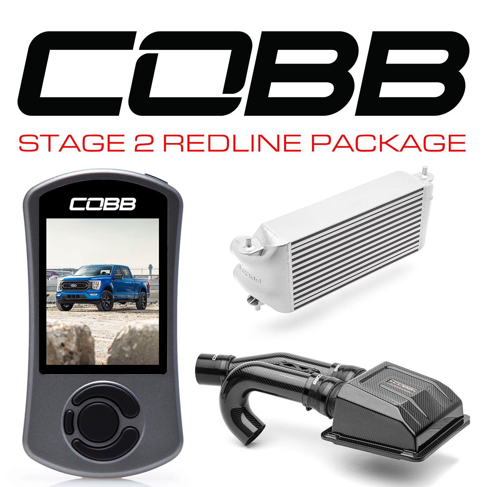 COBB - Stage 2 Redline Carbon Fiber Intake Power Package Silver (Factory Location Intercooler) Ford F-150 Tremor 2021-2022 - FOR0110S20SL-RED