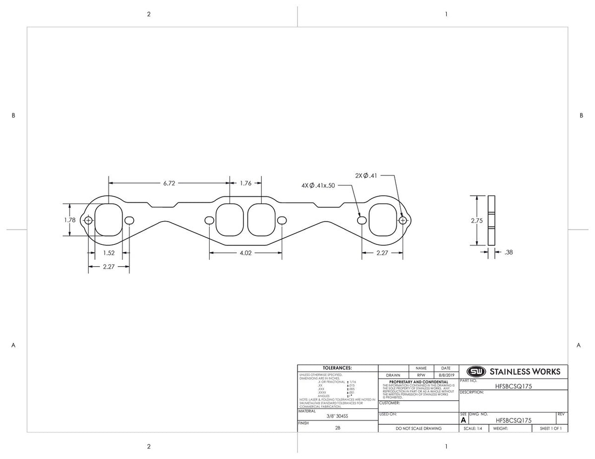 Stainless Works - Small Block Chevy Stock Pattern Rectangle Port Header Flange - HFSBCSQ175