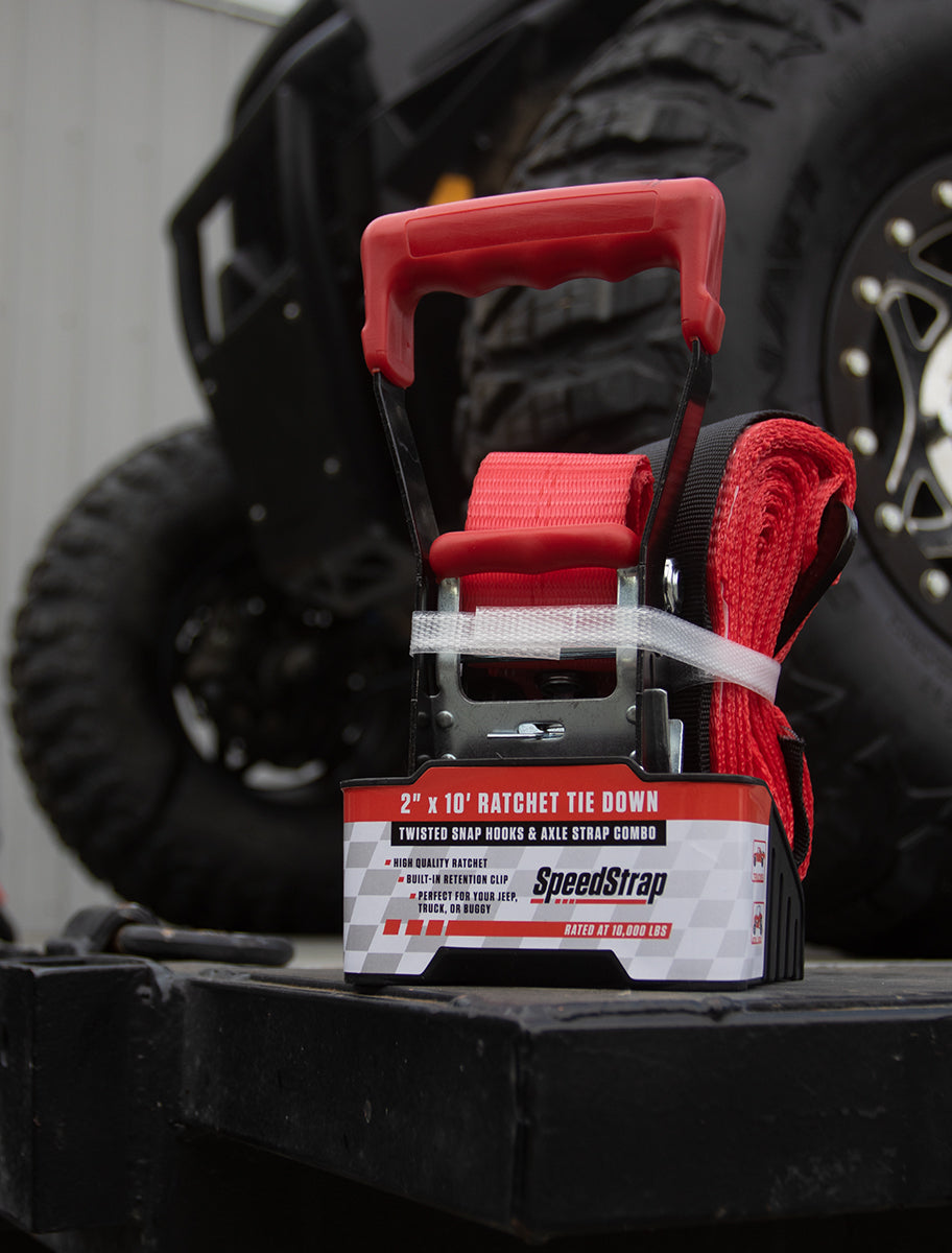 SpeedStrap 2In x 10Ft Ratchet Tie Down w/ Twisted Snap Hooks & Axle Strap Combo - Red - 27013