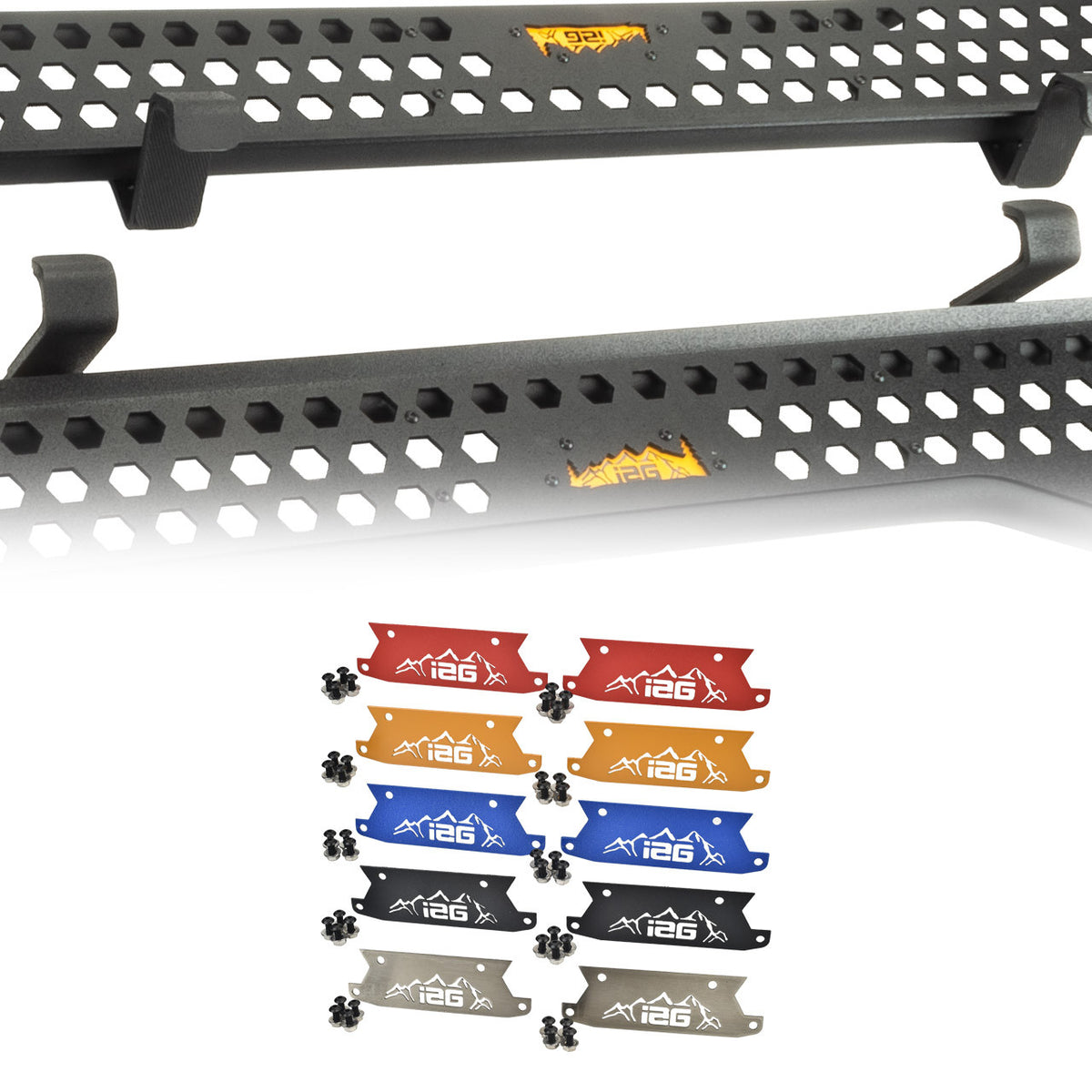 IAG Off-Road Color Logo Plates - Black, Blue, Orange, Red, Area51, Pink, Teal, White, Mojave Orange or Stainless Finish (Sold as 1 Pair) - IAG-BDY-F2200