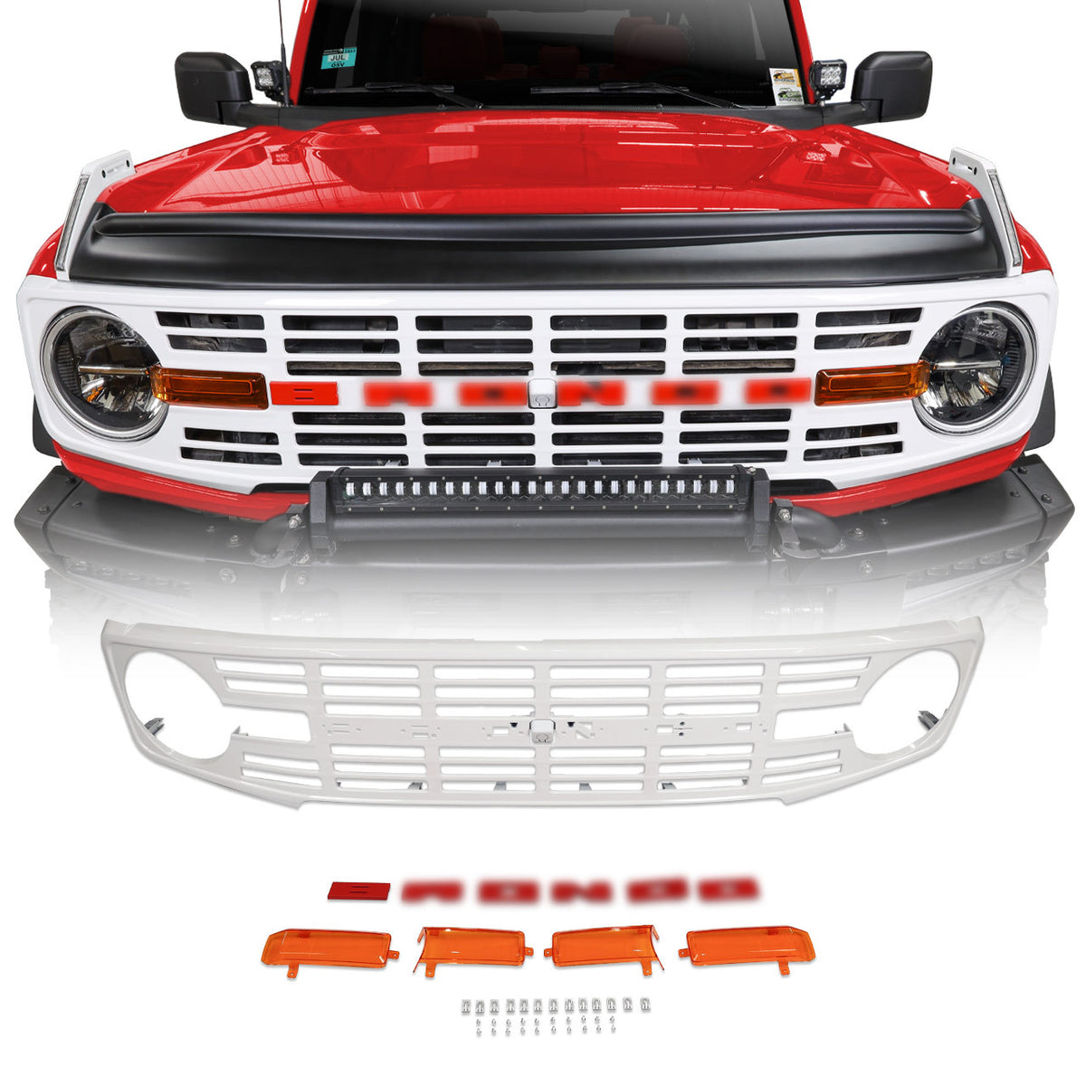 IAG I-Line Vintage Grille Gloss White with Red Lettering 2021+ Ford Bronco - IAG-BDY-F3140