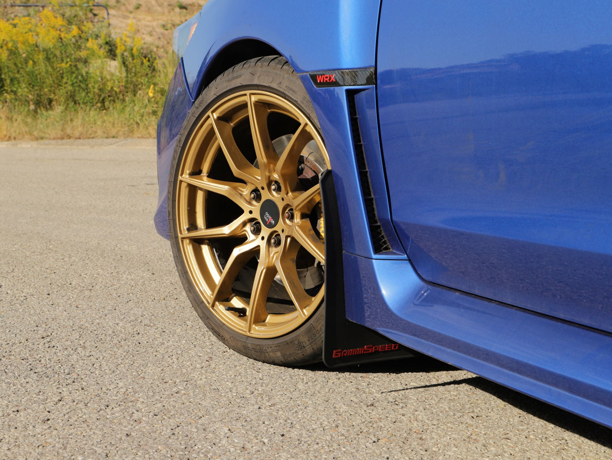 Grimmspeed 15-21 Subaru WRX/STI Mudflaps - Black w/ Red Lettering - GRM.1021.1.RED