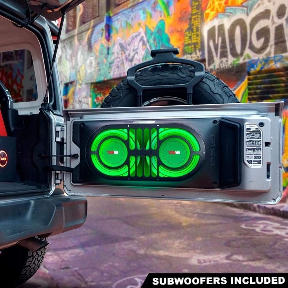 DS18 TJ/JK/JKU/JL/JLU Tailgate Enclosure w/ 1 JBASS/2 PSW10.4D/1 LC-RGB/1 AMPKIT4/1 SXE-2500.1D/BK - JBASSPLATINUM - rear view