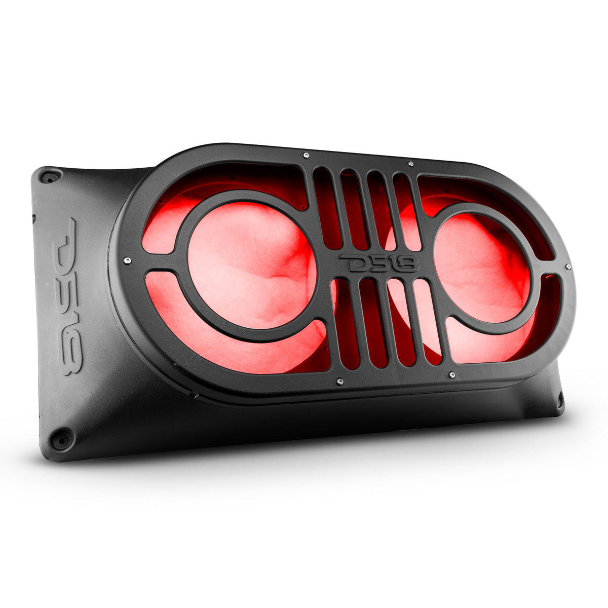 DS18 TJ/JK/JKU/JL/JLU Tailgate Enclosure w/ 1 JBASS/2 PSW10.4D/1 LC-RGB/1 AMPKIT4/1 SXE-2500.1D/BK - JBASSPLATINUM - angle view