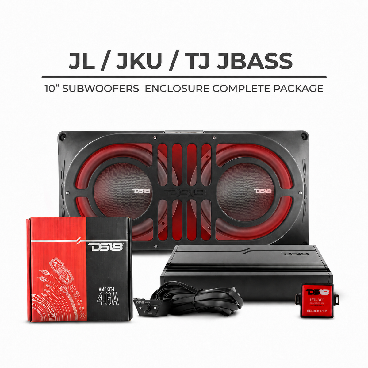 DS18 TJ/JK/JKU/JL/JLU Tailgate Enclosure w/ 1 JBASS/2 PSW10.4D/1 LC-RGB/1 AMPKIT4/1 SXE-2500.1D/BK - JBASSPLATINUM - front view