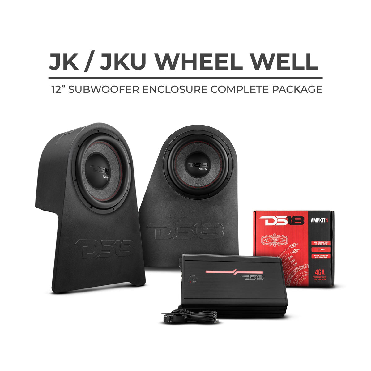 DS18 07-18 Jeep JK/JKU Subwoofer Kit w/1 JK-SUB12/LR/2 GEN-X124D/1 LC-RGB/1 AMPKIT4/1 SXE-2500.1D/BK - JK-SUB/LRCOMBO - front view