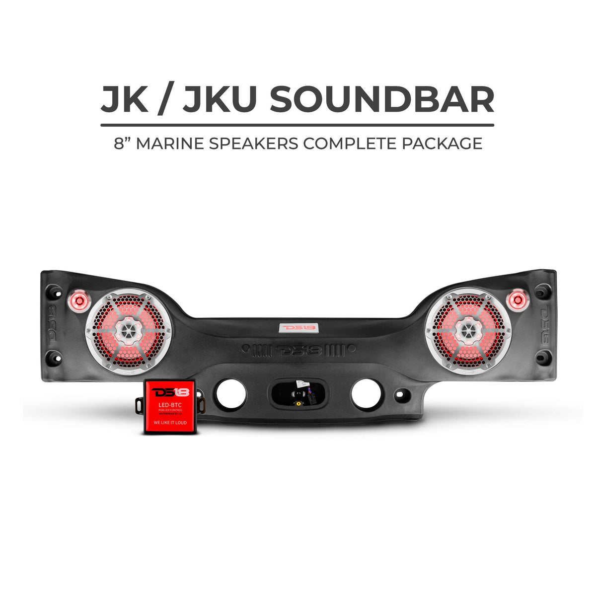 DS18 2007-18 Jeep JK/JKU Soundbar Kit w/ 1 JK-SBAR22/BK/1 NXL-8M/BK/1 LC-RGB/ 2 PRO-TW720L - JKSBAR22LOADED - angle view