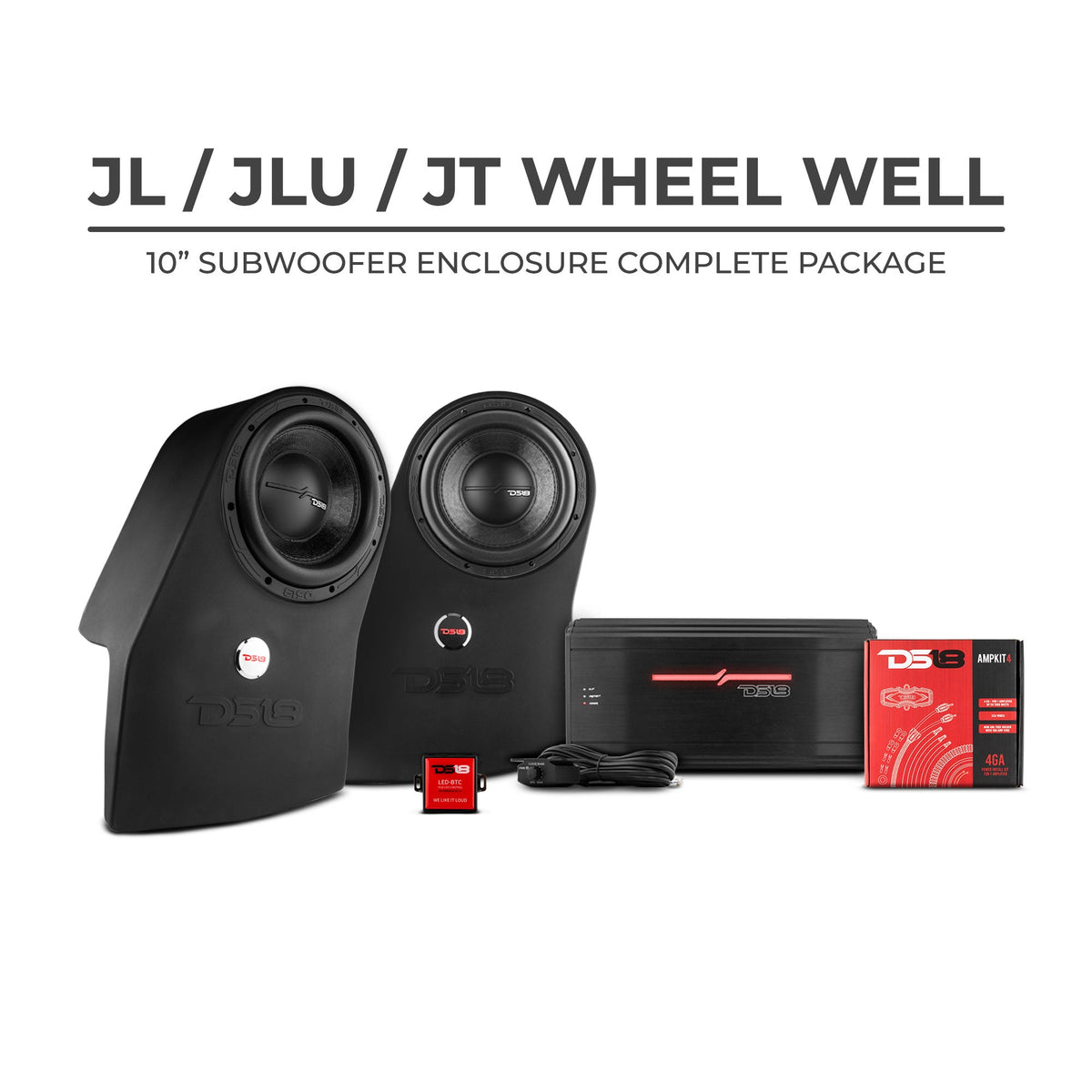 DS18 2007-18 Jeep JK/JKU Subwoofer Kit w/1 JL-SUB10/LR/2 GEN-X104D/1 LC-RGB/1 AMPKIT4/1 SXE-2500.1D/ - JL-SUBPK/LR - front view