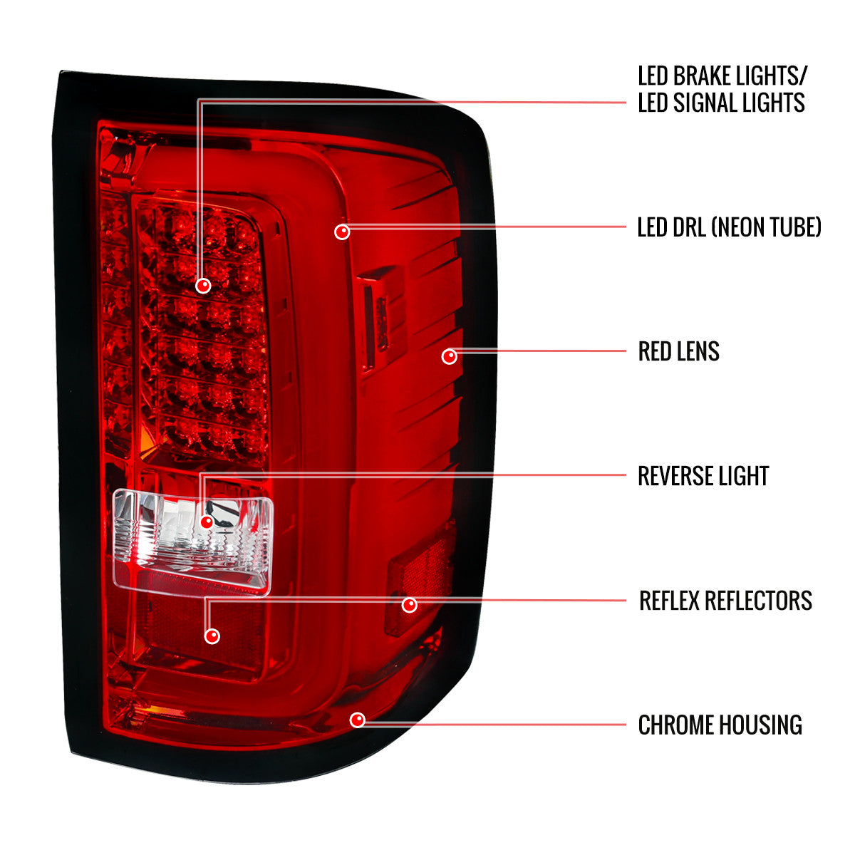 Spec-D Tuning - 2014-2018 GMC Sierra 1500/2500HD/3500HD LED Tail Lights (Chrome Housing/Red Lens) - LT-SIE14RLED-TM
