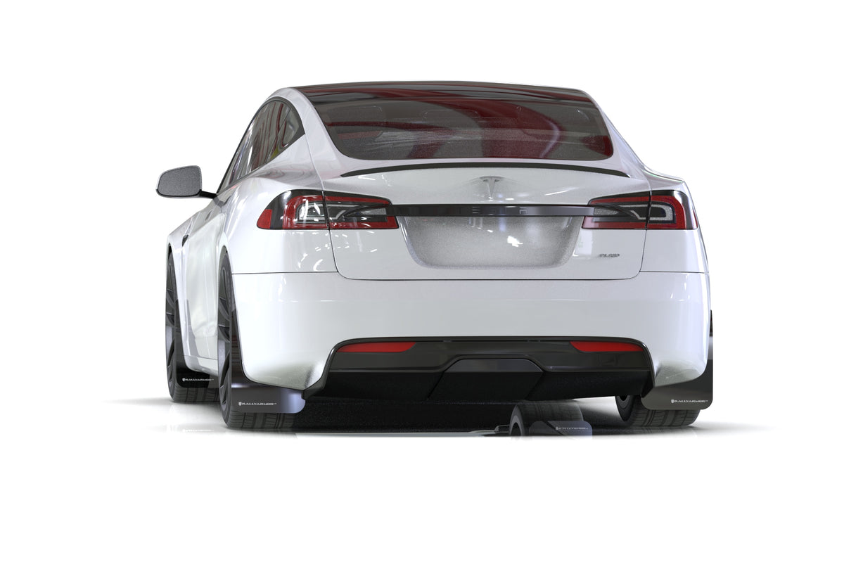 Rally Armor 21-24 Tesla Model S / S Plaid Black UR Mud Flap w/White Logo - MF101-UR-BLK-WH