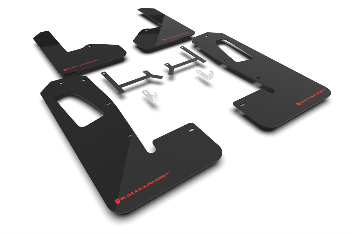 Rally Armor 22-24 Rivian R1S Black UR Mud Flap w/Red Logo - MF108-UR-BLK-RD for 2022-2026 Rivian R1S - front view