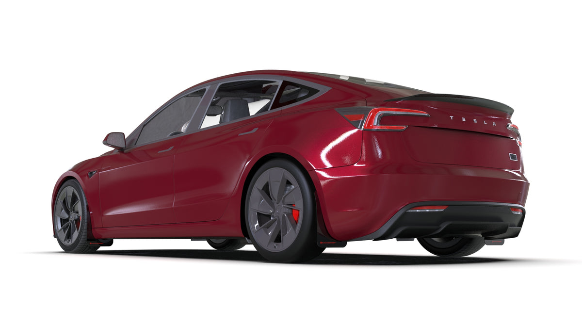 Rally Armor 2024 Tesla Model 3 Highland Black UR Mud Flap Red Logo - MF122-UR-BLK-RD
