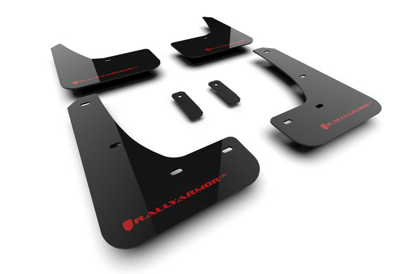 Rally Armor 2024 Tesla Model 3 Highland Black UR Mud Flap Red Logo - MF122-UR-BLK-RD for 2024 Tesla 3 - front view