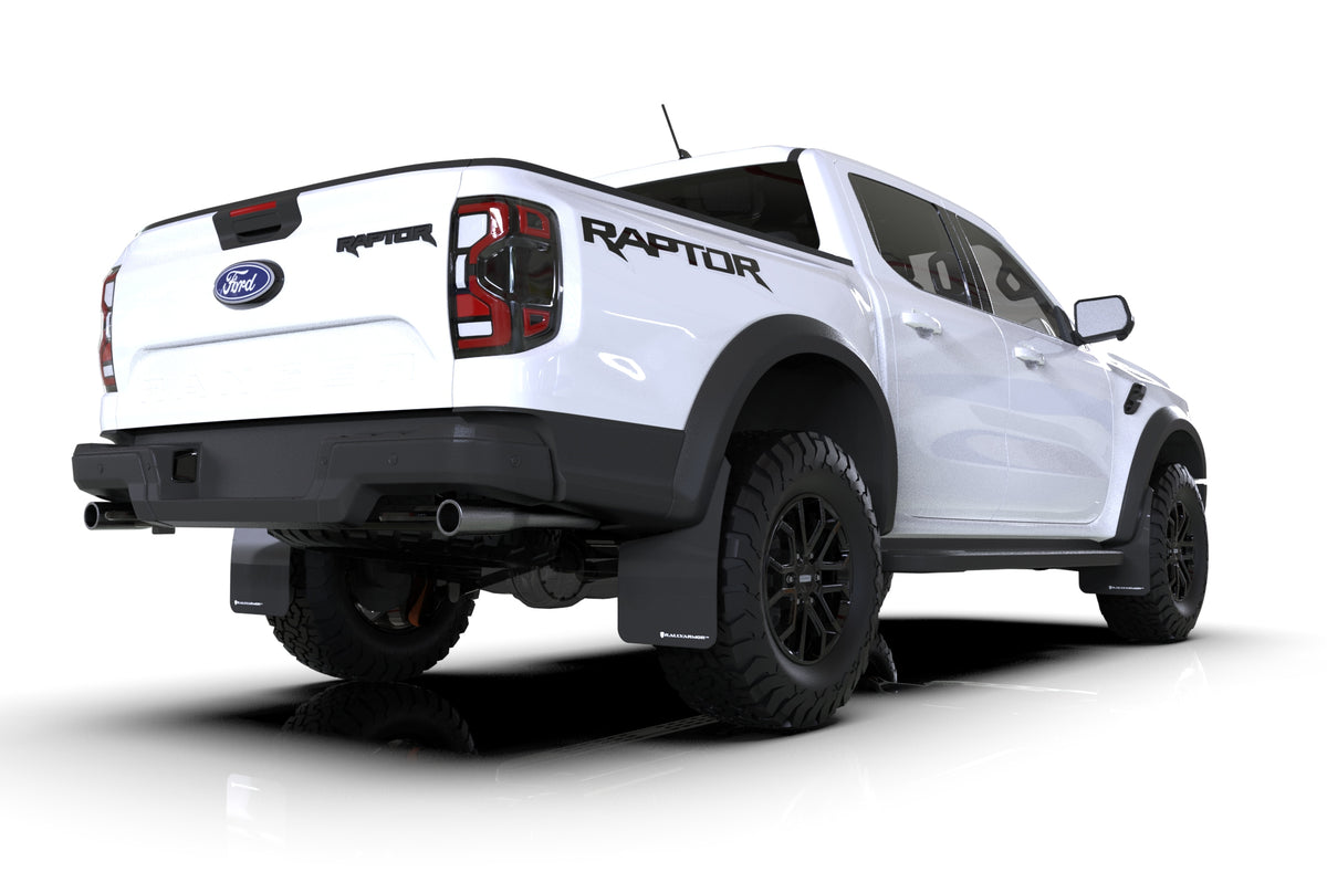 Rally Armor 23-25 Ford Ranger Raptor Black UR Mud Flap White Logo - MF123-UR-BLK-WH
