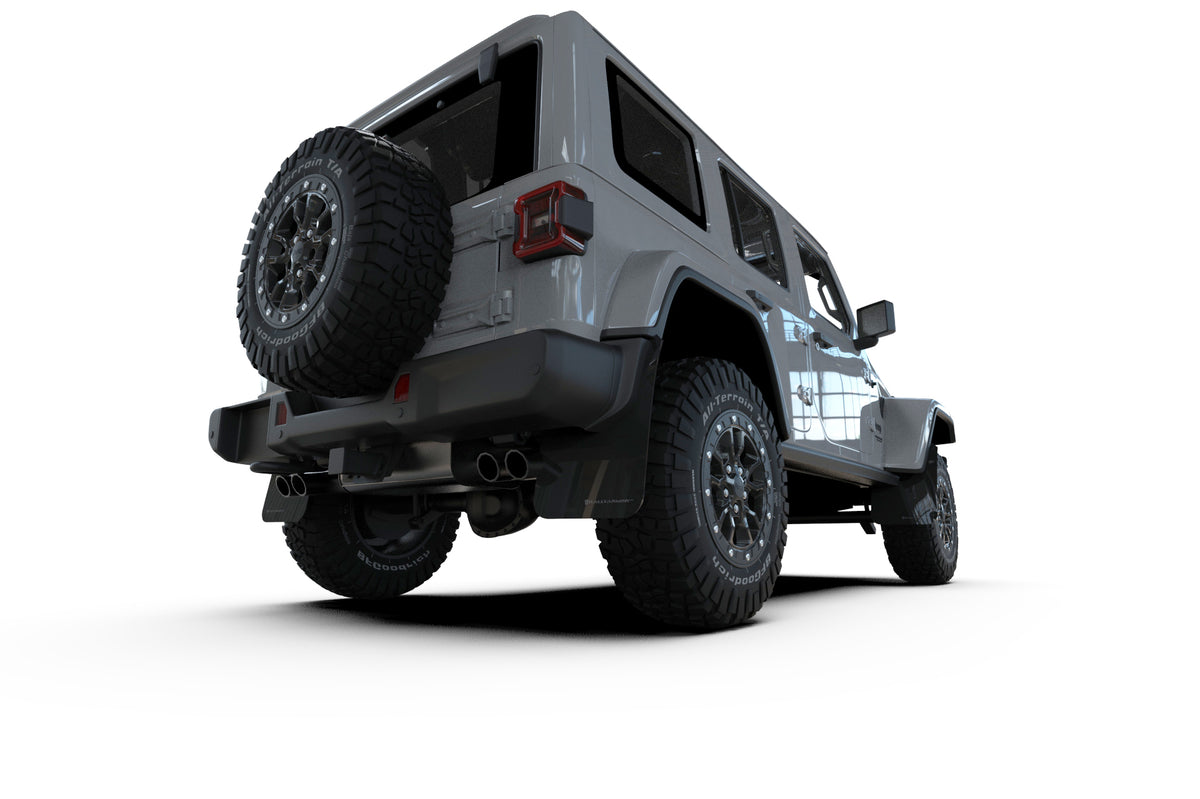 Rally Armor 2018+ Jeep Wrangler Rubicon JL Black UR Mud Flap w/ Metallic Black Logo - MF124-UR-BLK-MBK