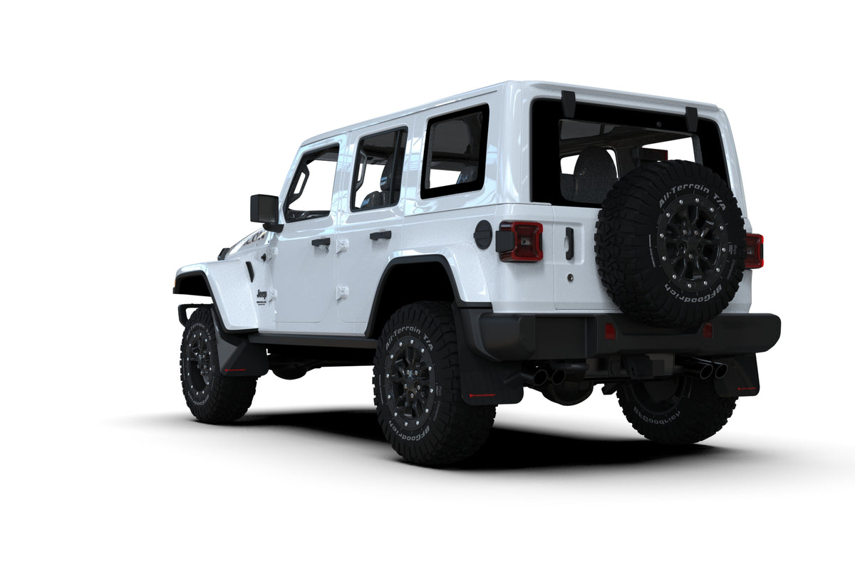 Rally Armor 2018+ Jeep Wrangler Rubicon JL Black UR Mud Flap w/ Red Logo - MF124-UR-BLK-RD